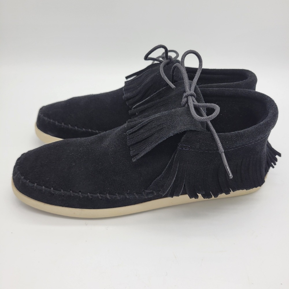 Minnetonka Women Black Suede Fringe Moccasin Booties Lace Up Ankle Shoes 459 7.5